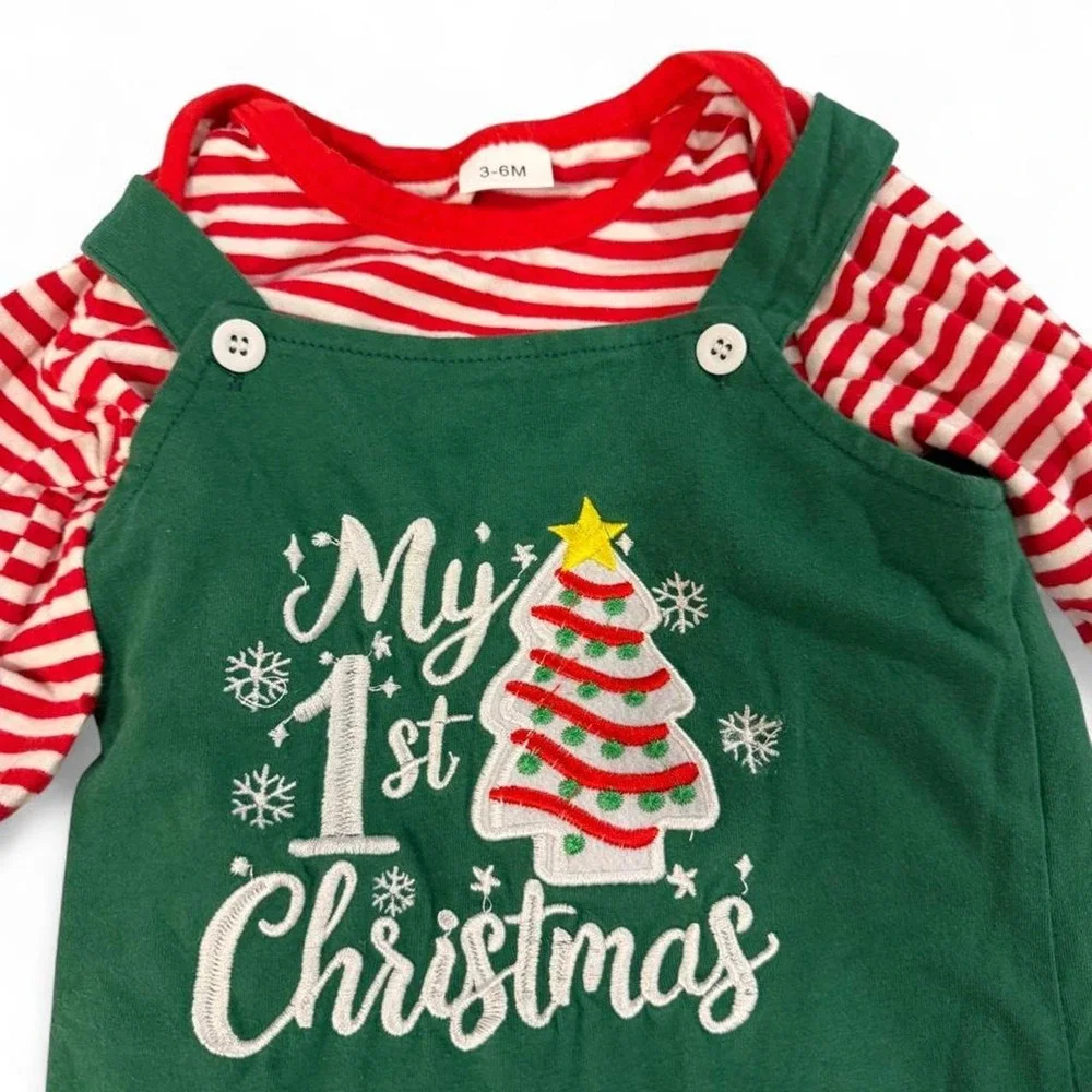 My 1st Christmas Baby Outfit Set Green Overalls Red Striped Bodysuit 3-6M